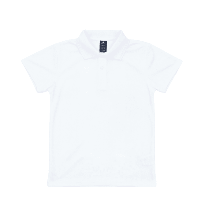 A white polo shirt featuring a collar and short sleeves, with a logo on the label.