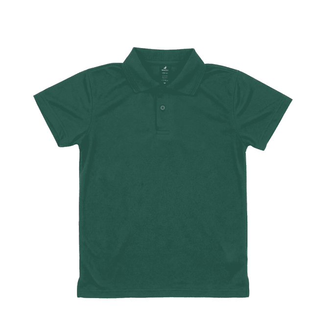 A dark green polo shirt with a collar and short sleeves. The shirt features a logo.