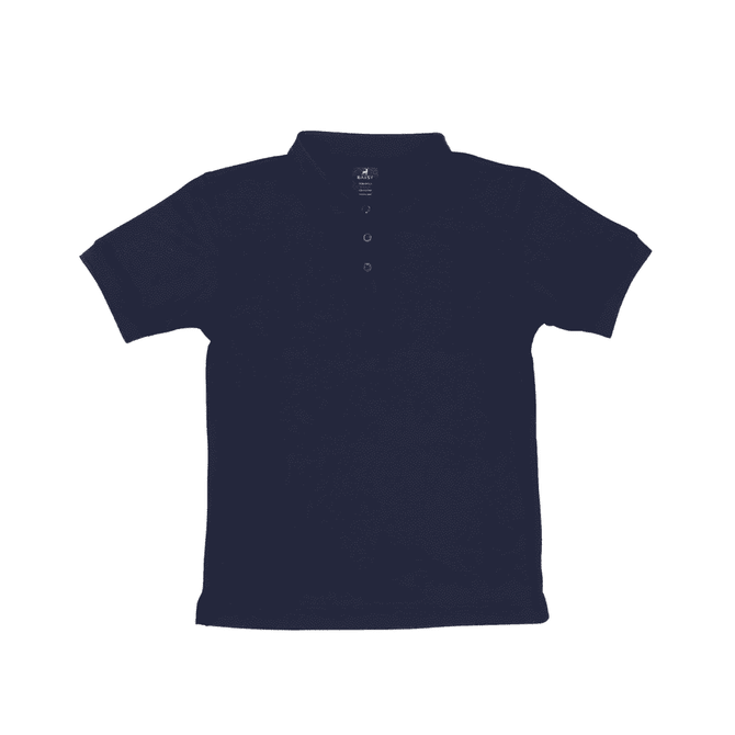 A navy blue youth polo shirt featuring a traditional collar and button placket, with a branding logo.