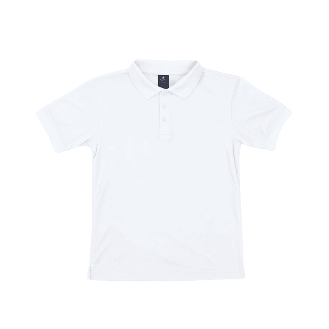 A white polo shirt featuring a collar and a four-button placket, with a logo on the chest area.