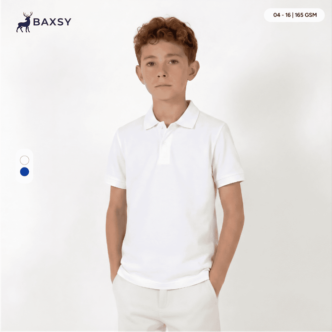 A youth white polo shirt featuring a collar and short sleeves, with a logo on the upper left side.