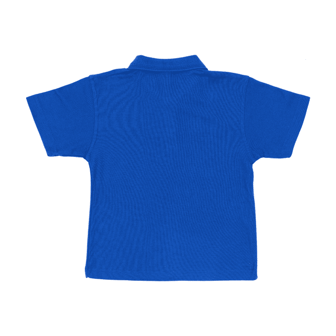 A blue short-sleeved polo shirt featuring a collar and a branding logo on the back.