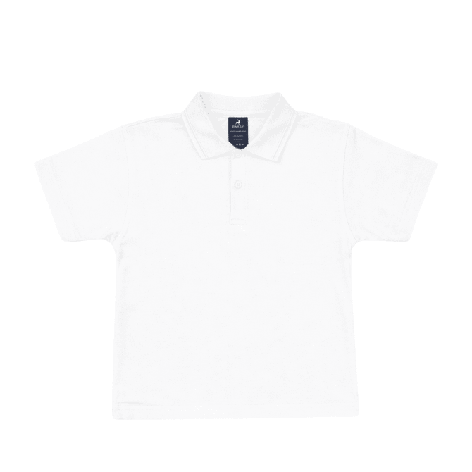 A white youth polo shirt with a collar and a logo on the label.