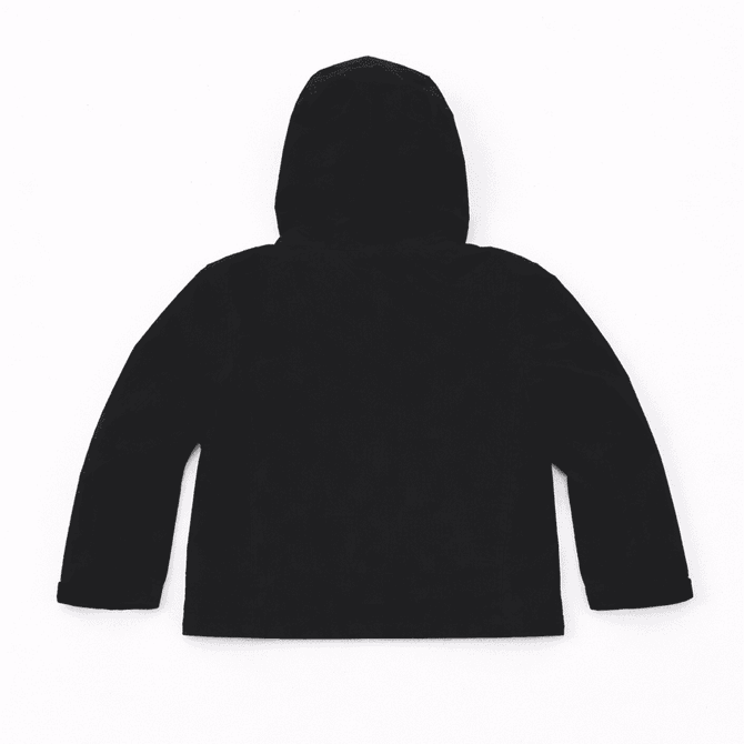 A black youth weather jacket with a hood, displayed from the back. Features a logo on the fabric.