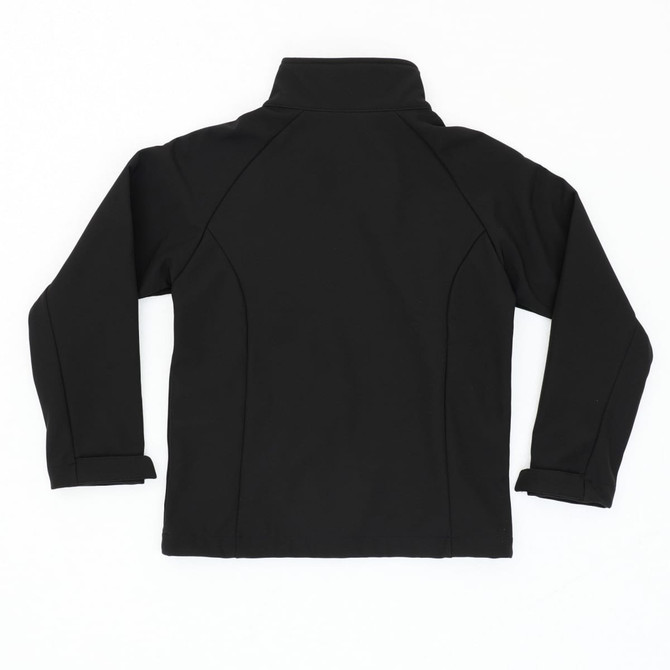 A black Youth Prime Softshell Jacket featuring a high collar and raglan sleeves, with a logo present.