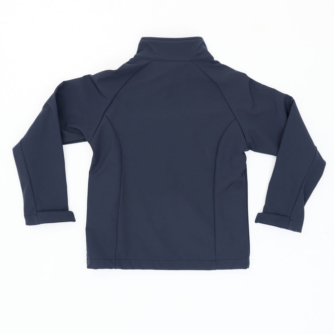 A navy softshell jacket featuring a collared neck and long sleeves, with a branding logo on the back.