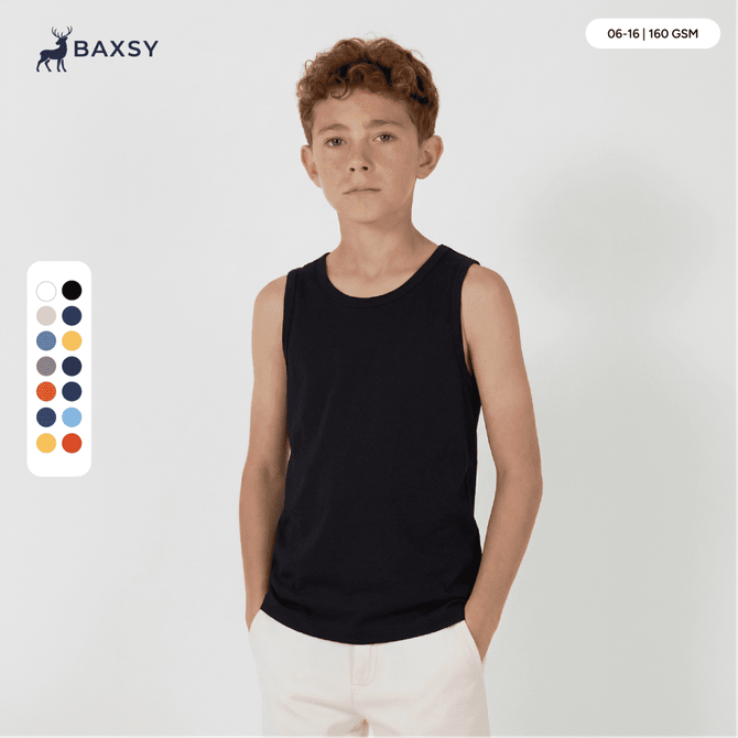 A youth singlet in black, featuring a round neckline and a logo, modelled by a young boy. Available in multiple colours.