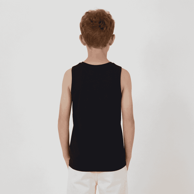 A black youth singlet displayed on a child from the back, hands in pockets, against a plain background.