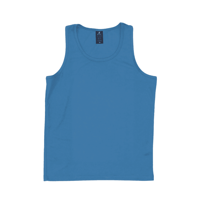 A bright blue youth singlet with a round neckline and a logo tag on the inside.