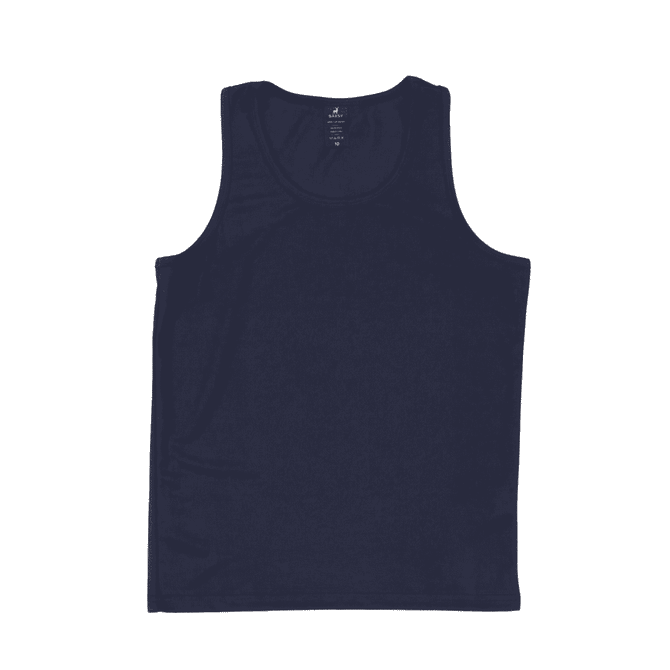 A navy blue youth singlet with a simple design and a label inside. The garment has no sleeves and a round neck.