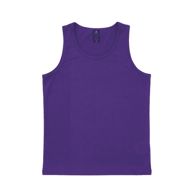 A purple youth singlet with a plain design and a logo on the label.