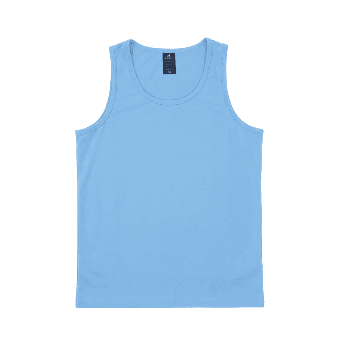 A light blue youth singlet with a plain design and a branding label at the neckline.