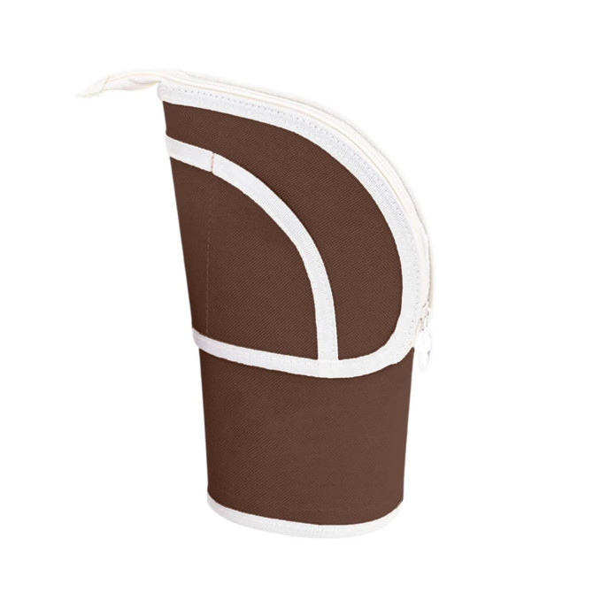 A brown expandable pencil case with white trim and a zip closure, featuring a distinctive shape.