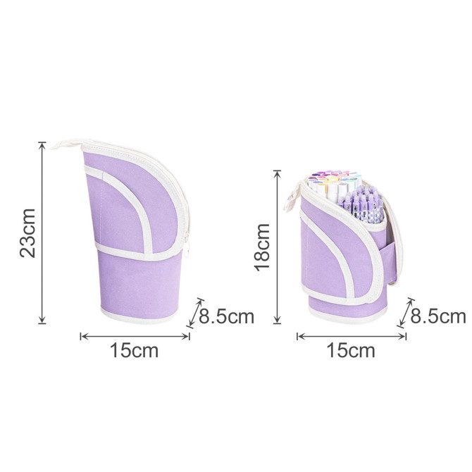 A purple expandable pencil case with a zipper, featuring multiple compartments for pens and stationery items.
