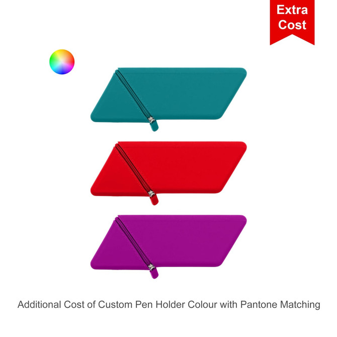Three silicone pen holders in teal, red, and purple, each with zippers and a logo.