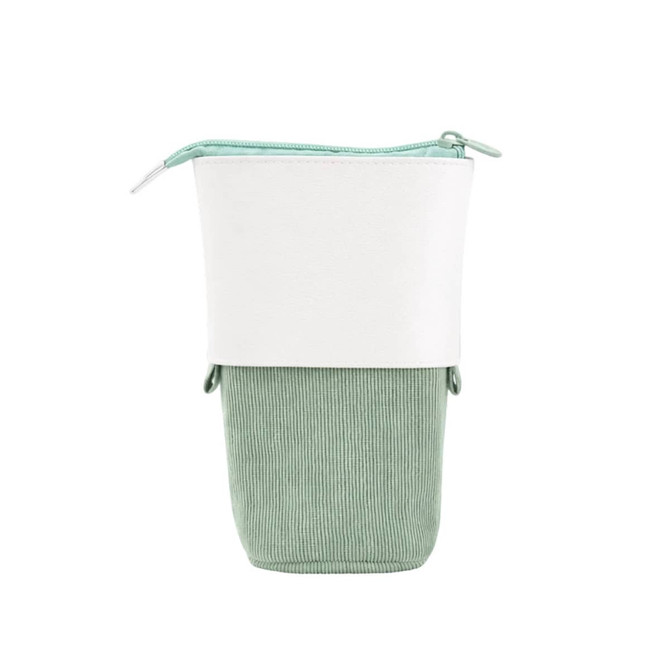 An expandable pencil case in mint green and white, featuring a textured upper section and a smooth zipper.