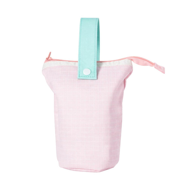 A foldable pencil case with a handle, featuring pink and mint colours, and a zip closure. Has a logo.