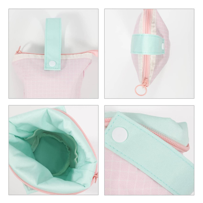 A foldable pencil case in pastel pink and teal, featuring a zip closure and a handle. The case has branding visible.