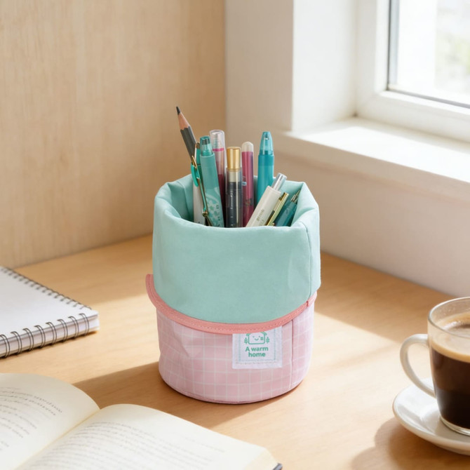 A foldable pencil case in mint green and pink, filled with various pens and pencils, placed on a wooden desk.