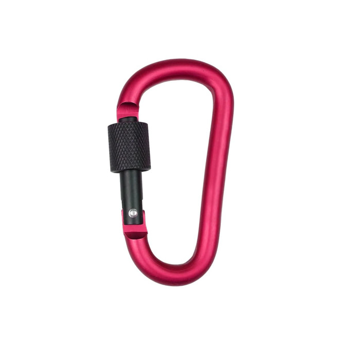 A pink D-shaped metal screw lock keychain with a black locking mechanism. It features a branding logo.