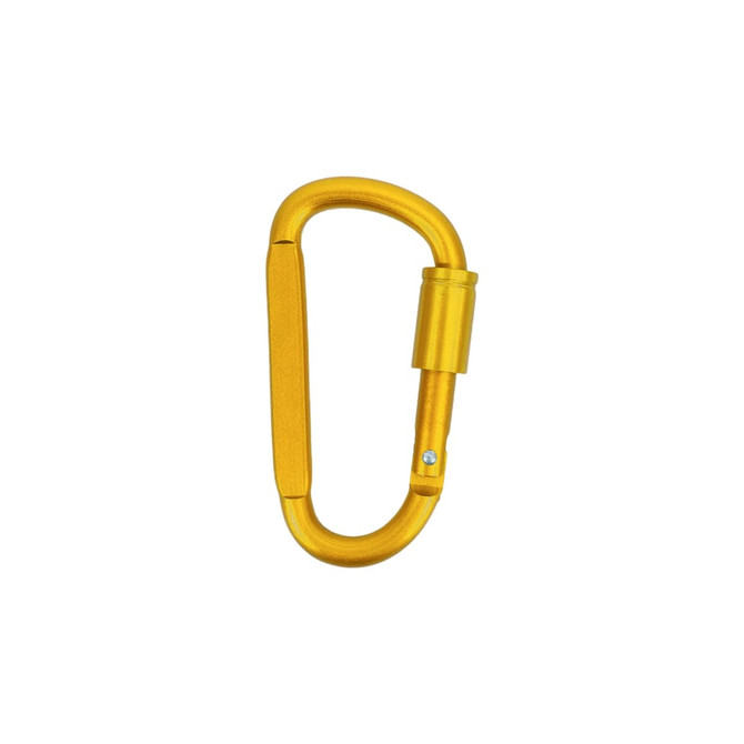 A yellow D-shaped camping carabiner with a locking mechanism, featuring a smooth finish and a small logo.