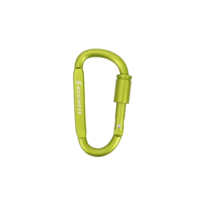 A green D-shaped camping carabiner with a secure locking mechanism and a logo.