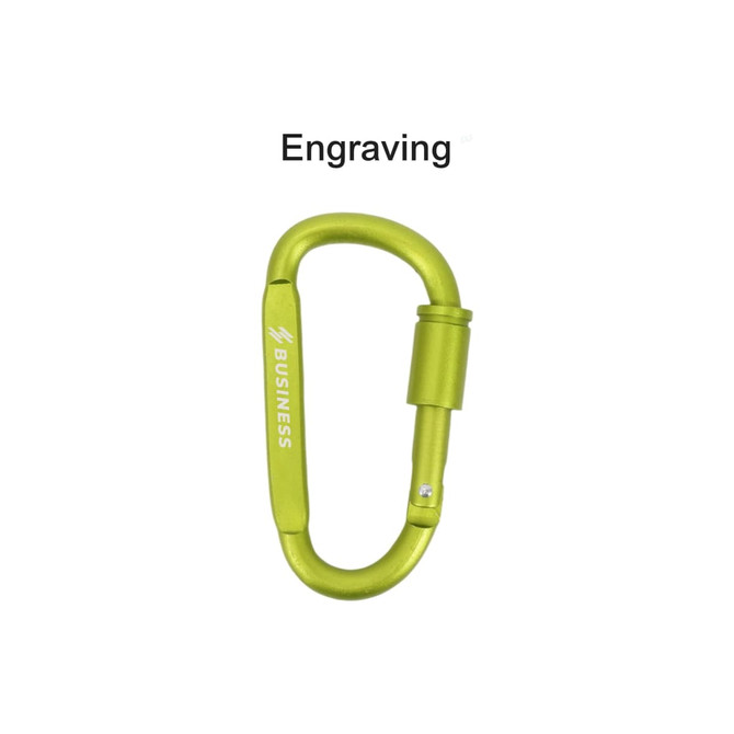A green D-shaped camping carabiner with a silver logo and an engraving area for custom designs.
