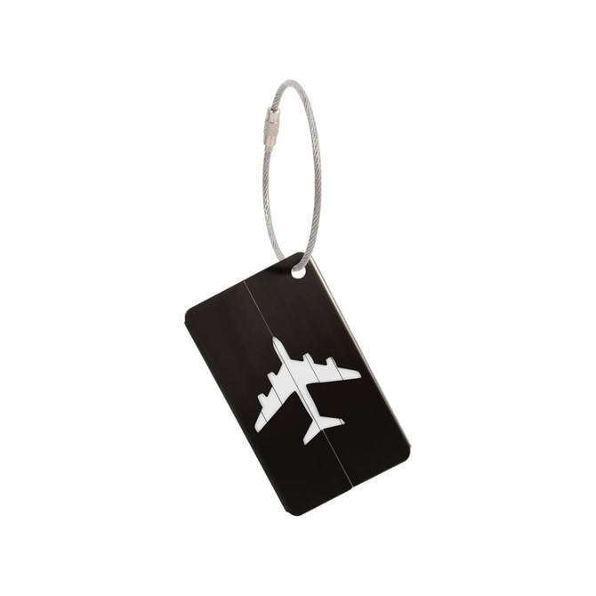 A black luggage tag featuring a white airplane design, attached with a metal wire loop.