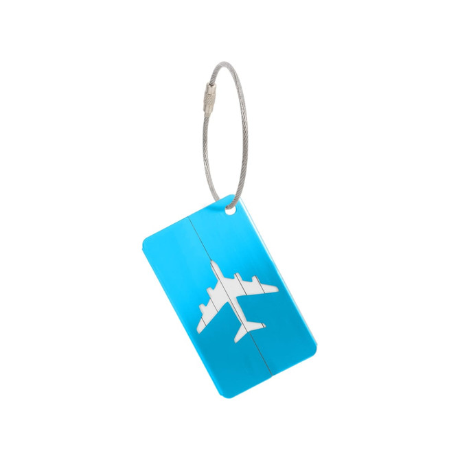 A blue luggage tag featuring a white airplane design and a metal attachment loop.