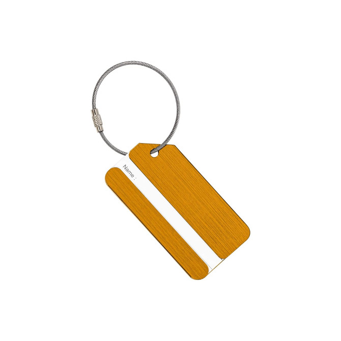 A square brushed aluminium luggage tag in gold with a silver attachment and a white name section.