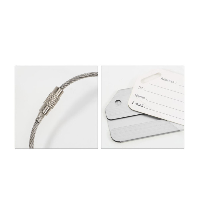 A square brushed aluminium luggage tag set in silver, featuring a durable metal cable and identification cards.