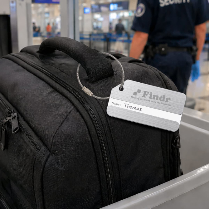 A square brushed aluminium luggage tag attached to a black bag, featuring a logo and a name label.