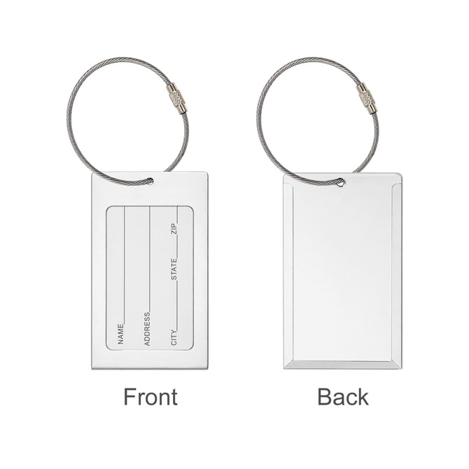 A square aluminium luggage tag with a metal loop, featuring a blank space for personal information. Silver in colour.