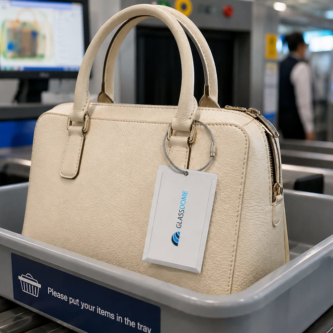 A cream handbag sits in a security tray with a luggage tag attached, featuring a logo and silver hardware.