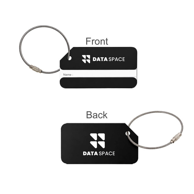 A square aluminium luggage tag in black with a silver wire attachment, featuring a logo on both sides.