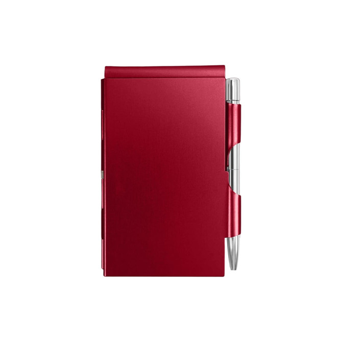 A red aluminium pocket notebook with a silver pen attached, featuring a sleek and minimalist design.