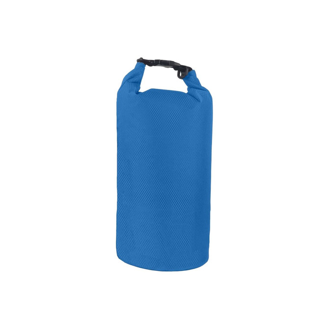 A blue Oxford cloth dry bag with a black strap and buckle closure, featuring a textured surface.