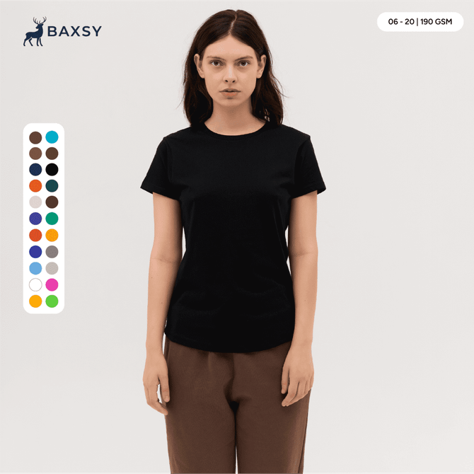 A black women's tee with short sleeves displayed on a model, featuring a logo and various colour swatches.