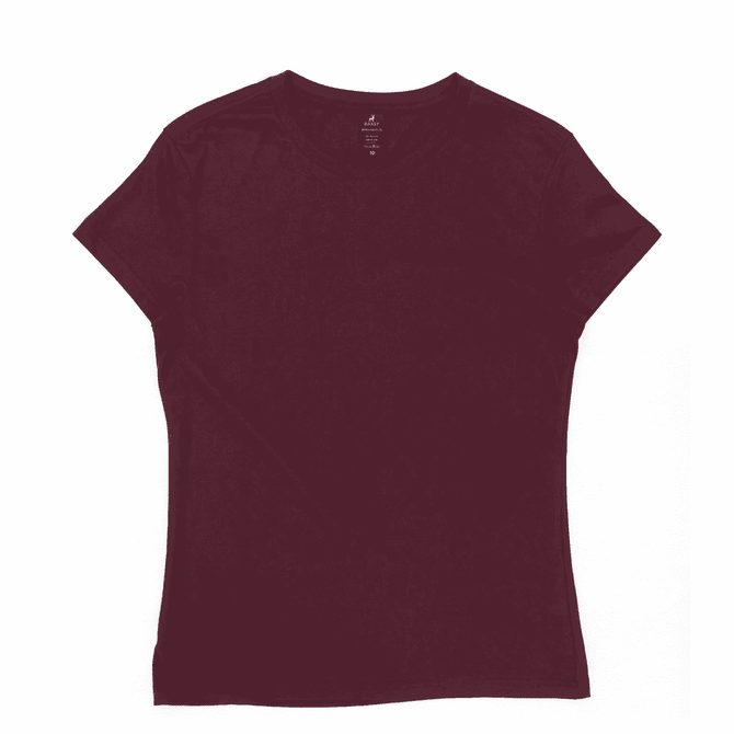 A women's burgundy essential tee with a fitted style and a round neckline, featuring a logo on the label.