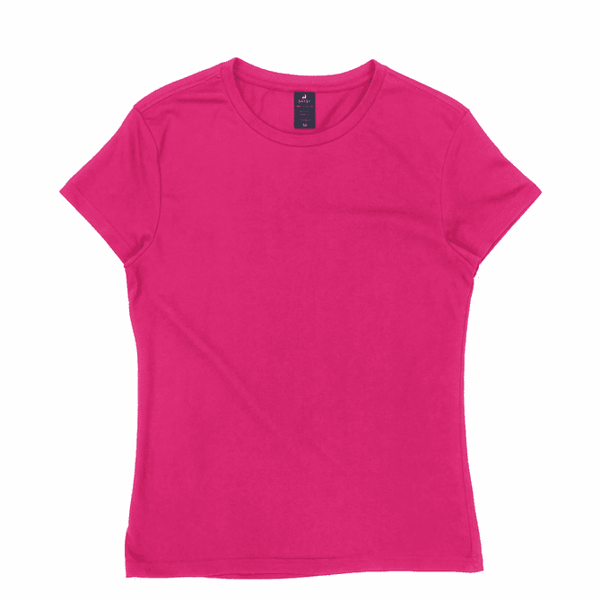 A pink women's essential tee with a fitted design and short sleeves, featuring a logo.
