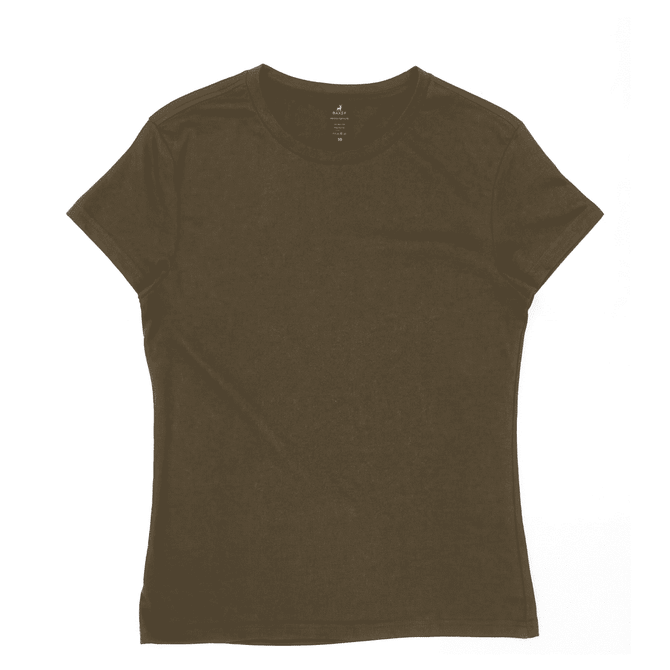 A women's t-shirt in olive green with a fitted design and a round neckline. It features a small logo.