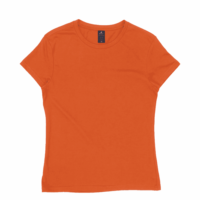 An orange women's T-shirt with a fitted design and a brand logo on the tag.