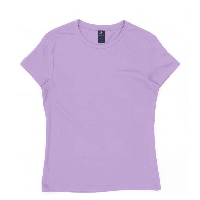 A lilac women's essential tee with a round neckline and a logo on the label.