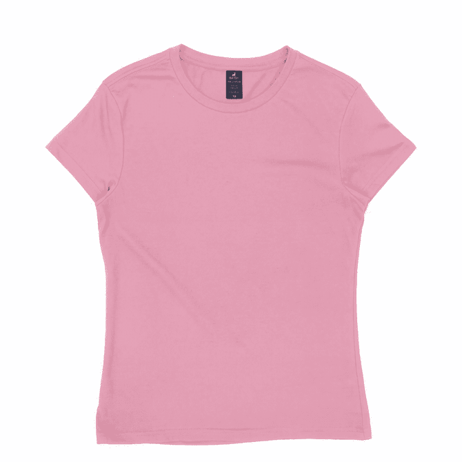 A pink women's t-shirt featuring a fitted design and a small logo on the label.