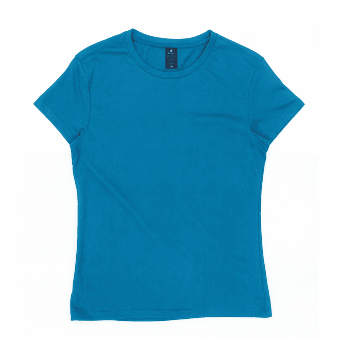 A women's fitted t-shirt in vibrant turquoise with a crew neck and short sleeves. It features a logo tag.