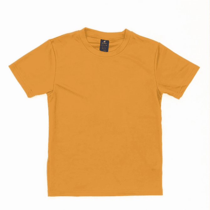 A yellow youth tee displayed flat, featuring a simple design and a logo on the tag.