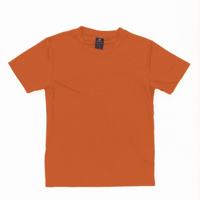 An orange Youth Core Tee with a crew neck and short sleeves, featuring a label inside.