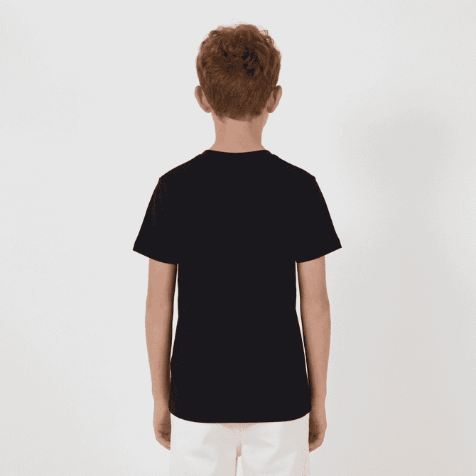A black youth tee viewed from the back, featuring a simple design and short sleeves.