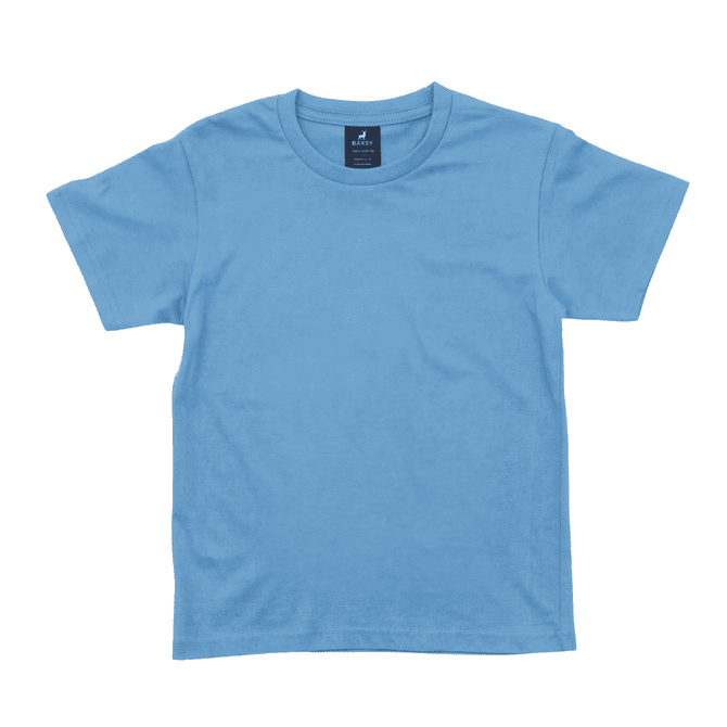A light blue T-shirt with a round neckline and short sleeves, featuring a branded label.