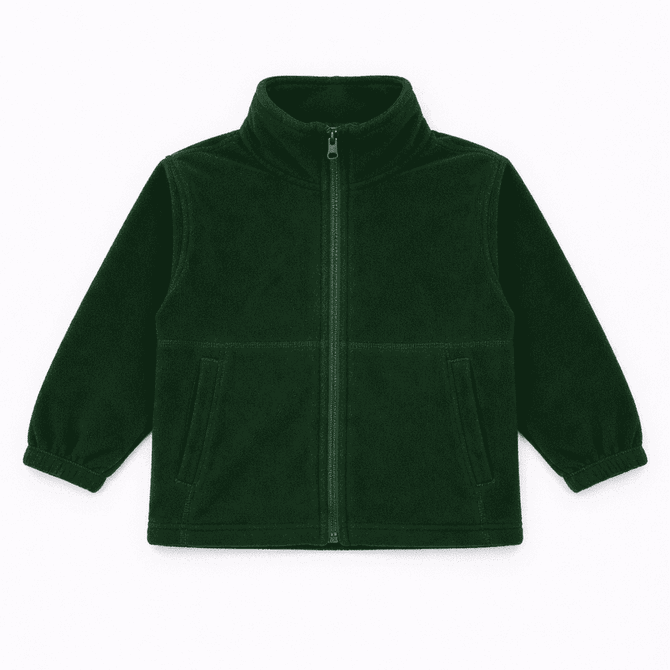 A dark green polar fleece full zip jacket with a high collar and two front pockets. It features elastic cuffs and has a logo.
